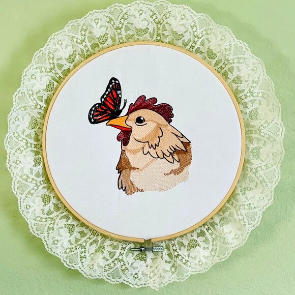 Chicken Butterfly Embroidered Art Wall Hanging Wood Embroidery Hoop Frame 13" - Picture 2 of 6
